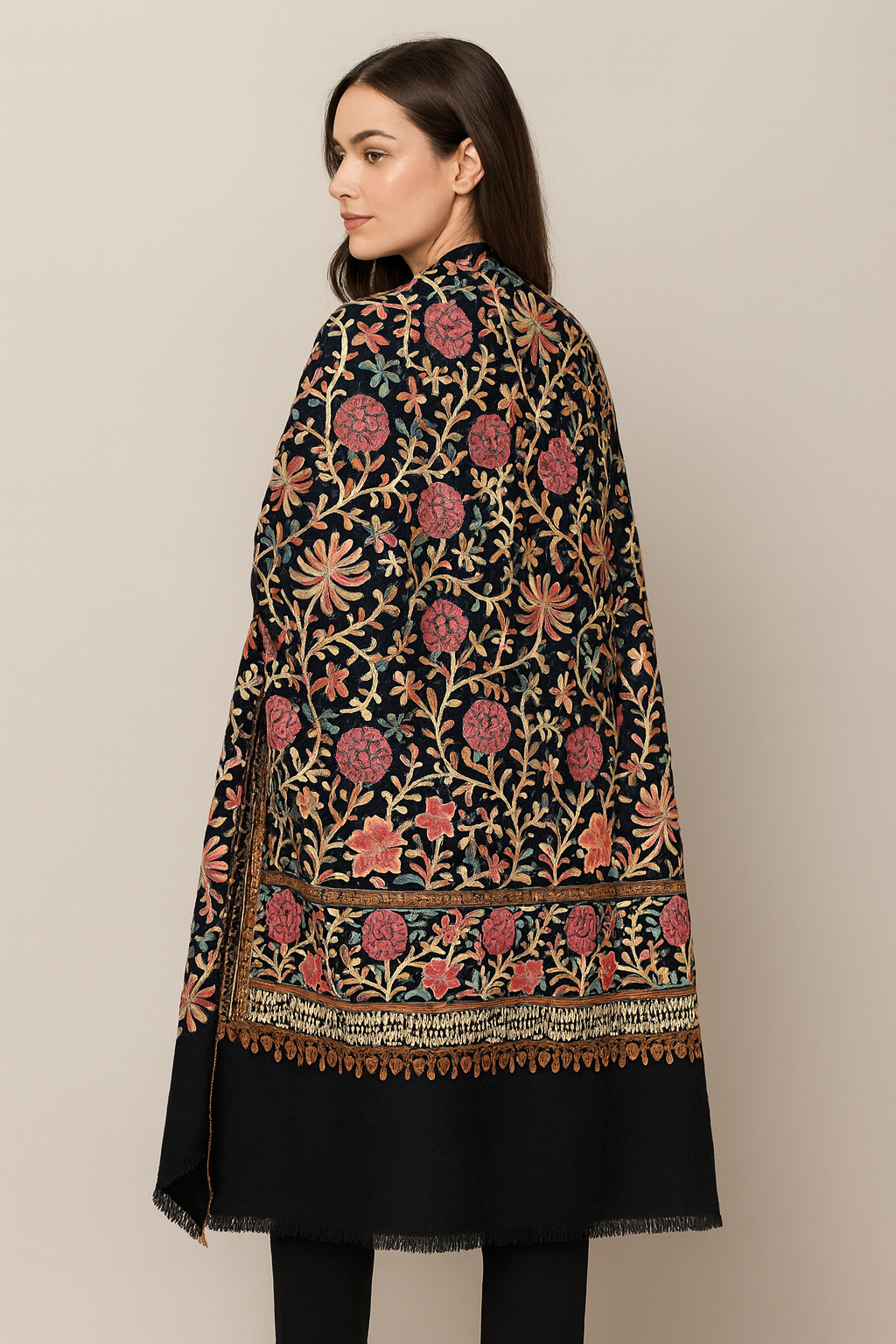 Hand-Embroidered Pashmina Shawl – Midnight Bloom