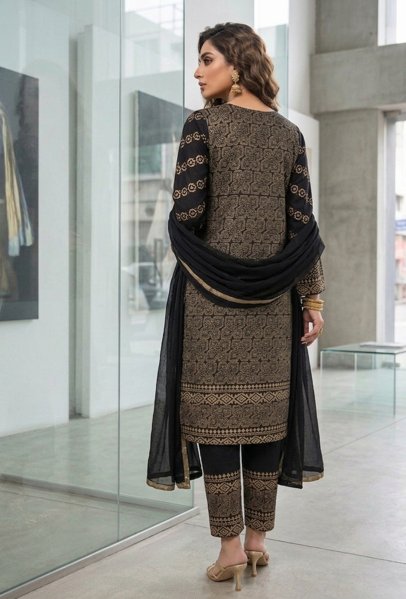 Midnight Gold Hand-Block Printed Cotton Lawn Set