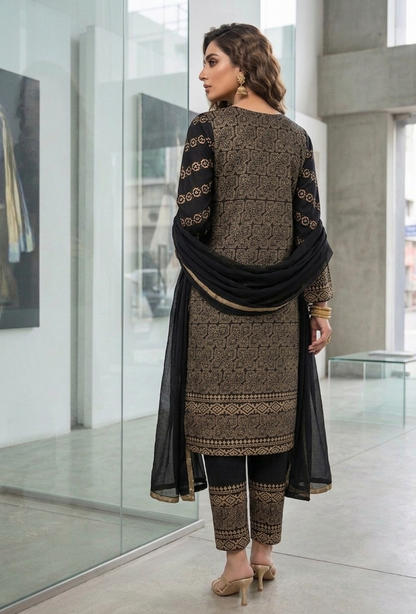 Midnight Gold Hand-Block Printed Cotton Lawn Set