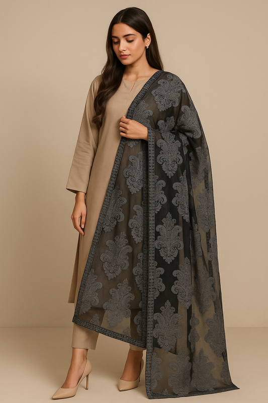 Soft Organza Aari Embroidery Dupatta  Black with Grey Motifs