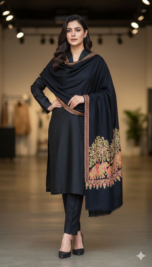 Luxury Pashmina Shawl with Elephant Border Embroidery