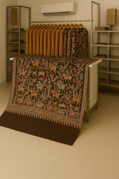 Handcrafted Pashmina Shawl with Royal Embroidery  Chocolate Brown