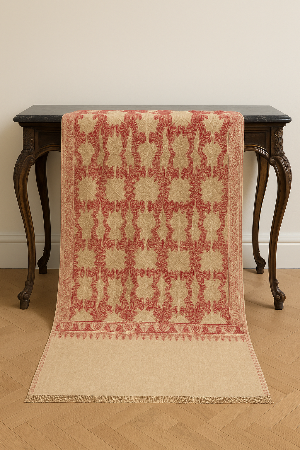Beige & Red Intricate Embroidery Pashmina Shawl
