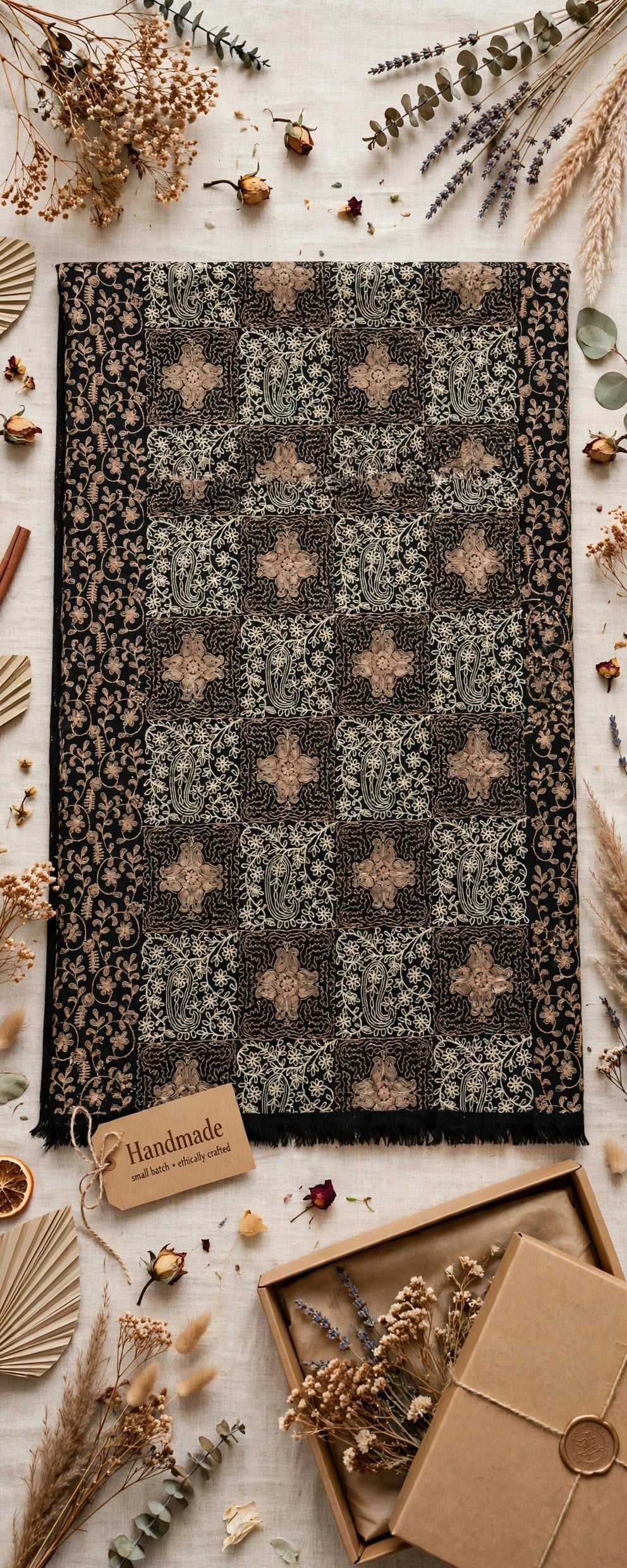 Noir Heritage Black Cashmere Pashmina Shawl with Cream & Beige Aari Work