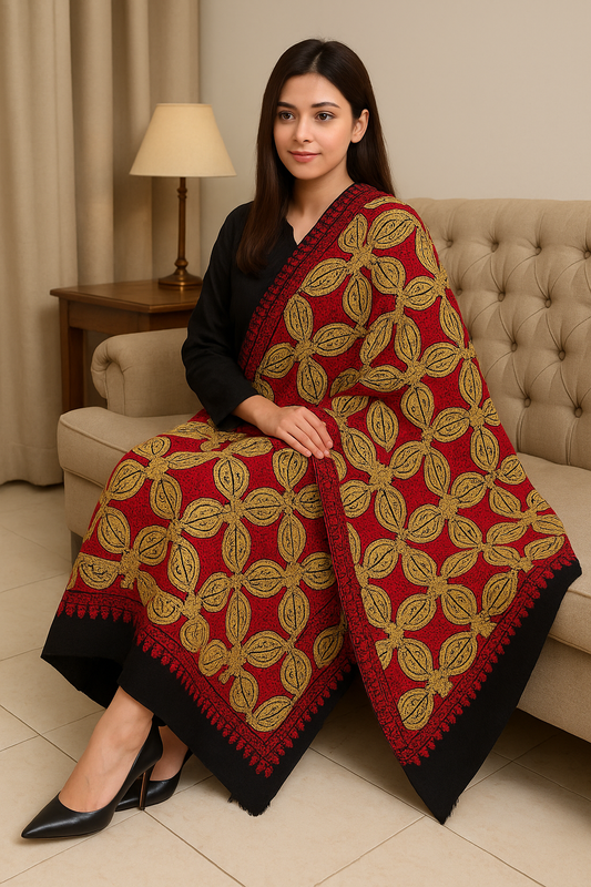 Luxury Red & Gold Aari Embroidered Pashmina Shawl