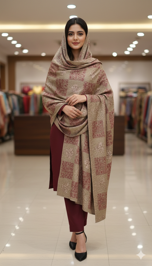 Elegant Block Print Pashmina Shawl – Beige & Maroon