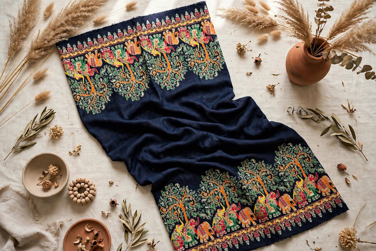 Noir Mughal Baagh Pashmina Shawl - Navy Blue Elephant Embroidered Border Shawl