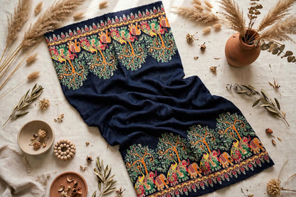 Noir Mughal Baagh Pashmina Shawl - Navy Blue Elephant Embroidered Border Shawl