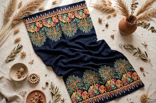 Noir Mughal Baagh Pashmina Shawl - Navy Blue Elephant Embroidered Border Shawl