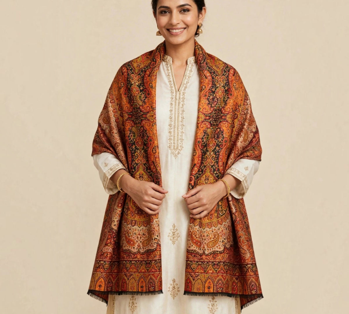 Heritage Jama Silk Zari Shawl Rust Orange & Gold Paisley Work