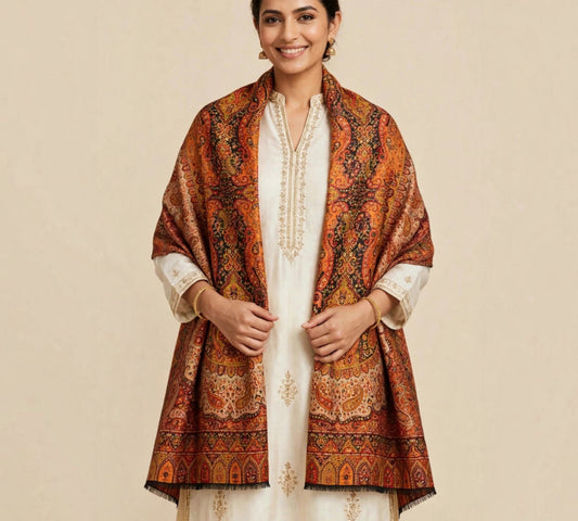 Heritage Jama Silk Zari Shawl Rust Orange & Gold Paisley Work