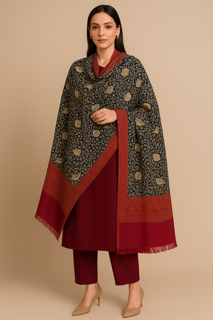 Luxury Kashmiri Pashmina Shawl – Black with Golden Embroidery & Maroon Border