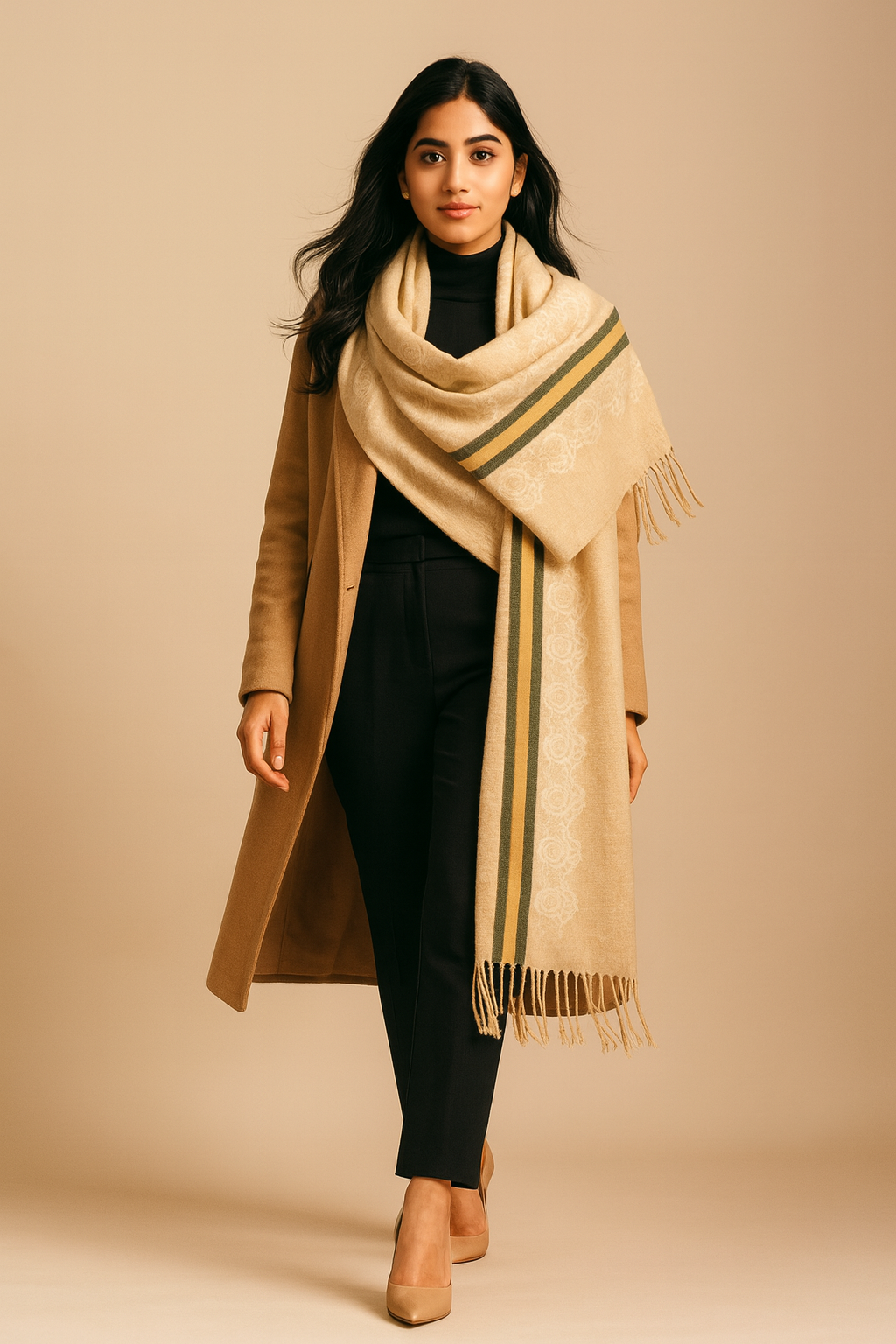 Elegant Wool Stoler with Subtle Pattern & Fringe Detailing