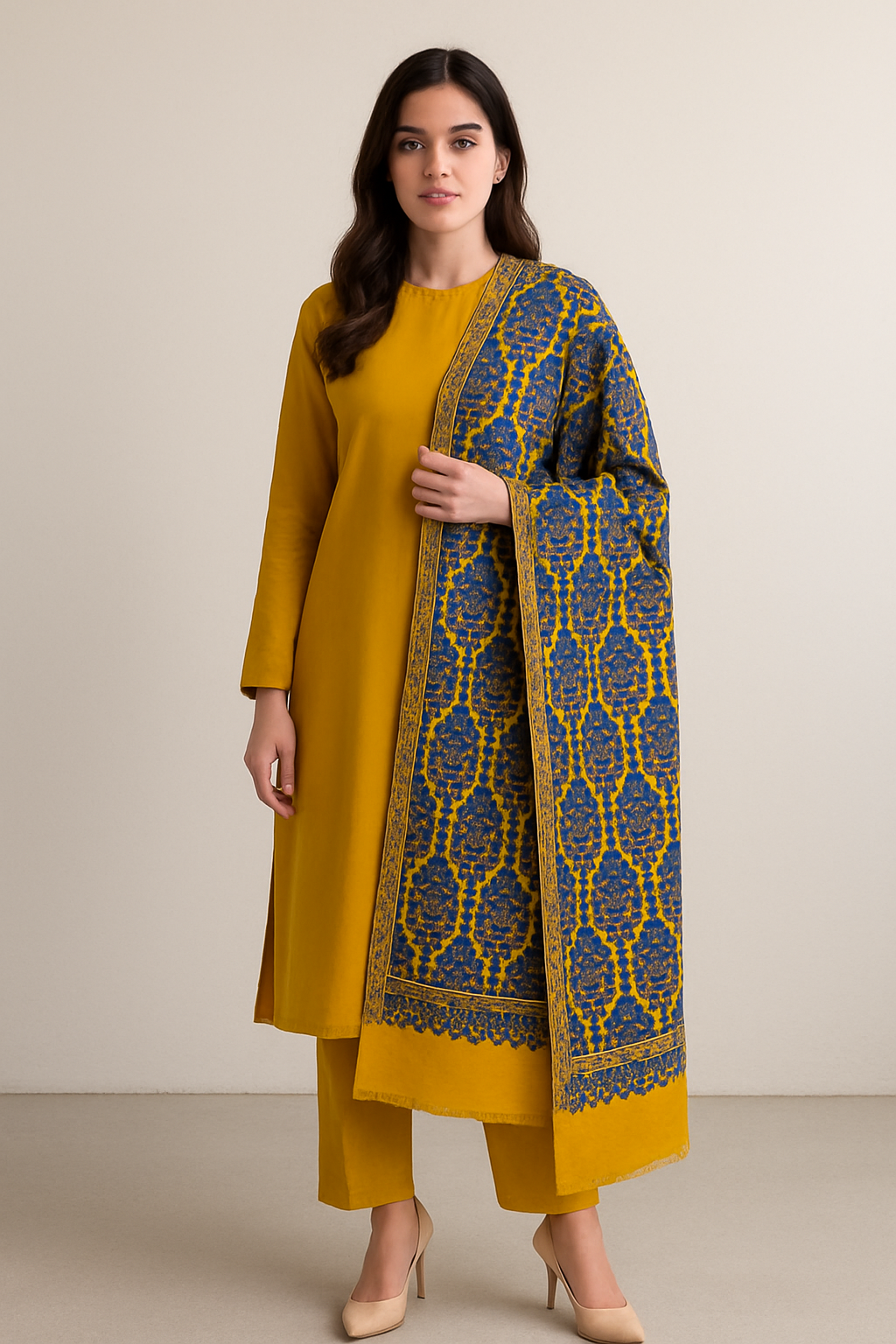Mustard & Navy Blue Pashmina Aari Embroidered Shawl