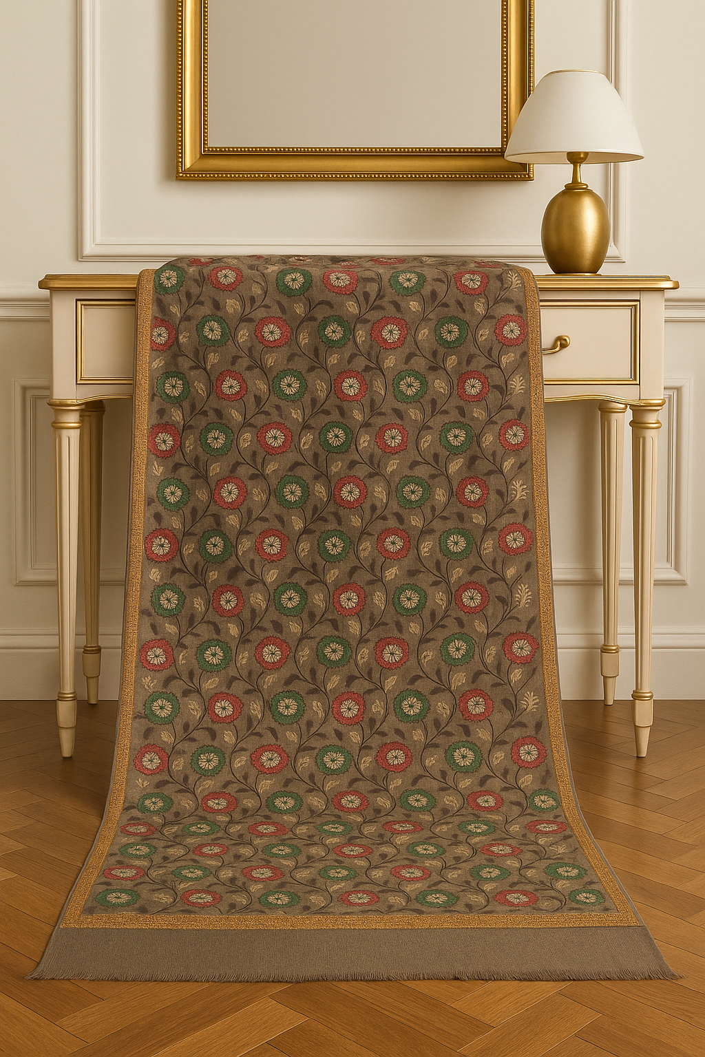 Luxury Floral Pashmina Shawl – Red & Green Embroidery on Taupe Base