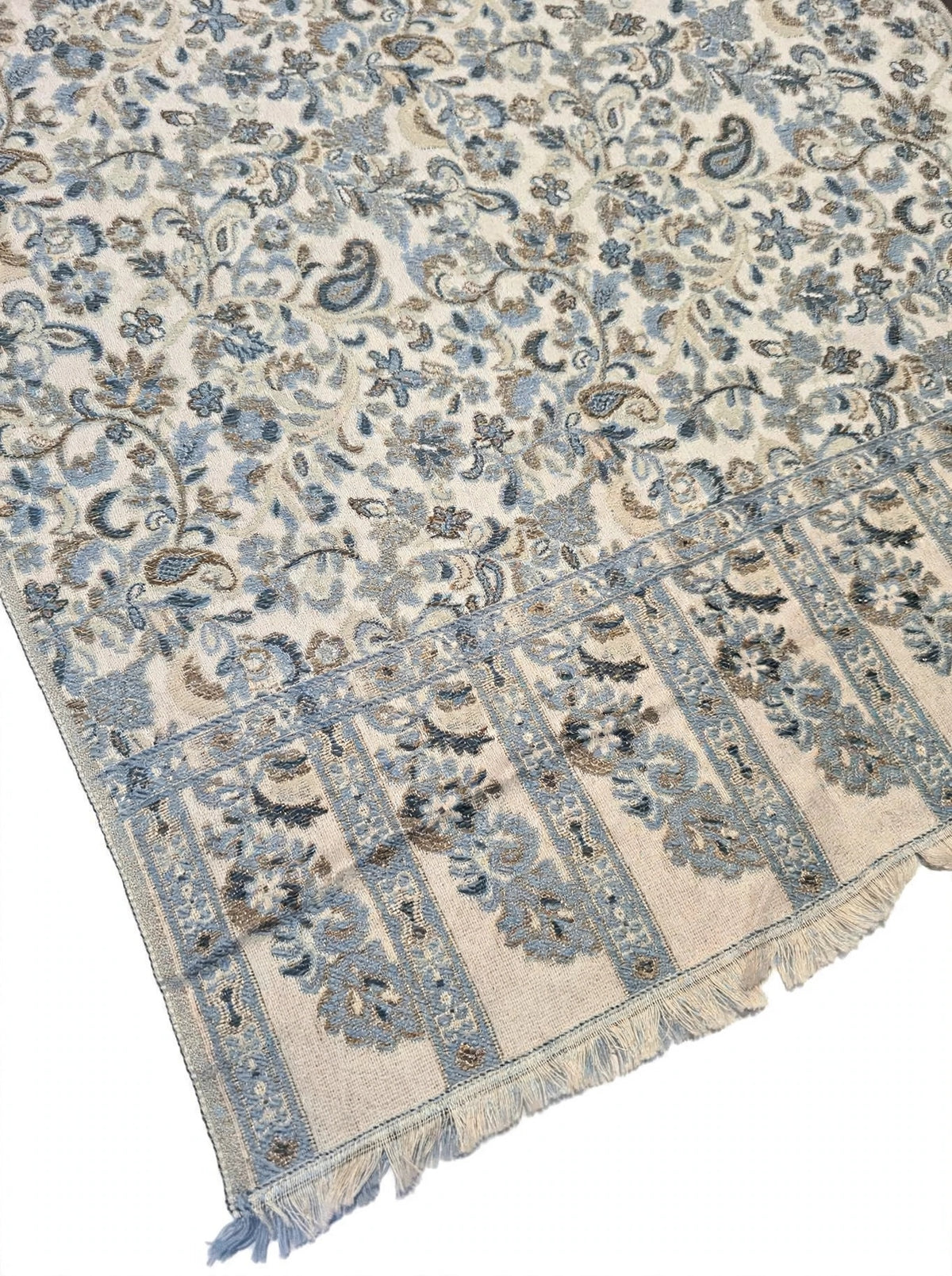 Authentic Kani Pashmina Shawl Mini - Cream & Blue Paisley - Lightweight Wool Scarf - Traditional Kashmiri Kani Work Stole