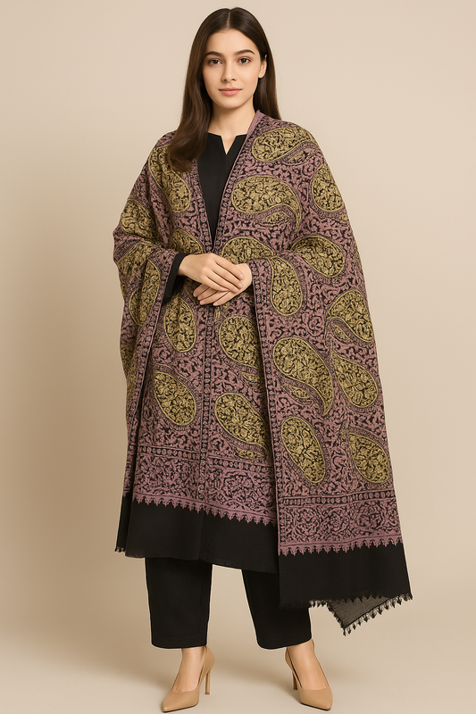 Luxury Pashmina Shawl  Golden Paisley on Lavender Base with Solid Black Border