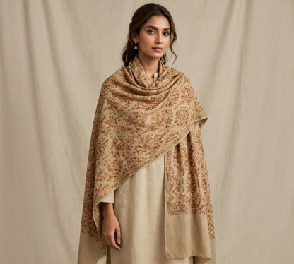 Noor Beige -aari  Embroidered Pashmina Shawl with Aari Work