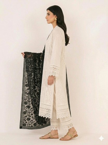 Black Embroidered Chiffon Dupatta