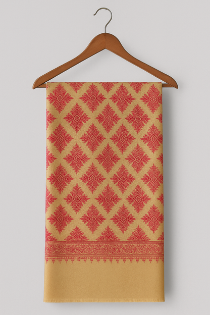 Luxury Pashmina Aari Embroidery Shawl – Red Motifs on Golden Base