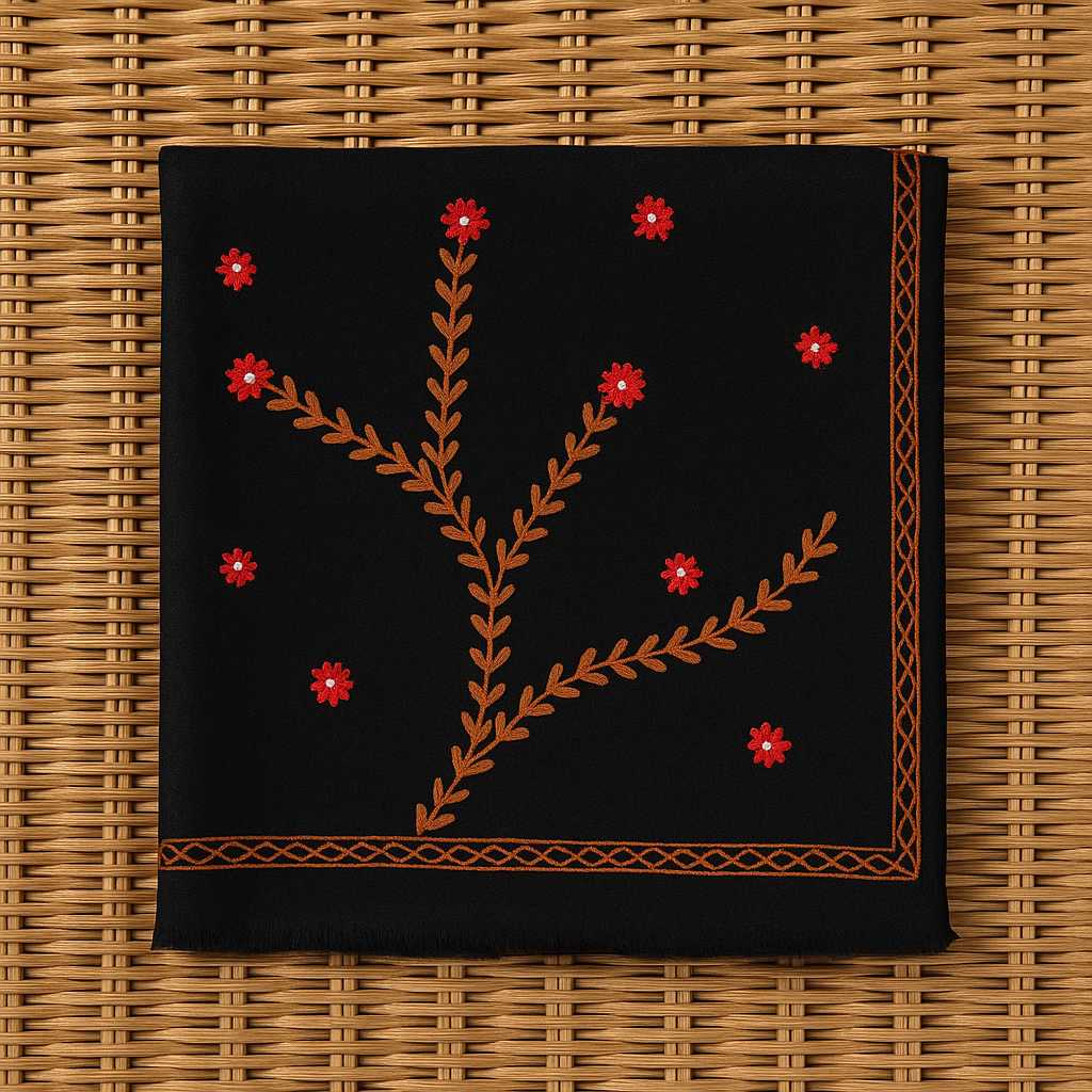 Black Needle Embroidered Pashmina Shawl Handcrafted Floral Elegance