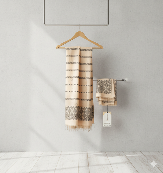 Luxury Jacquard Silk Blend Stole/Shawl with Geometric Weave - Peach/Beige