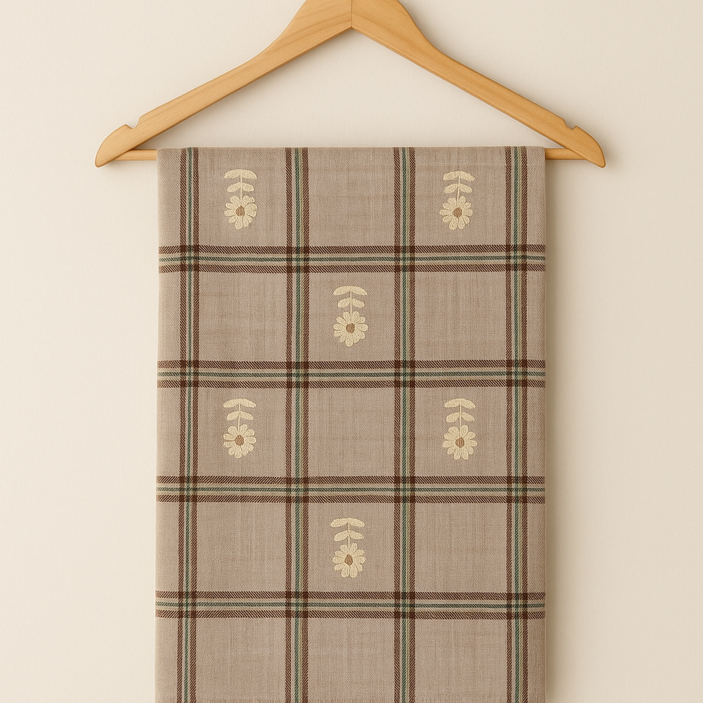 Luxury Gotta Pasted Pashmina Shawl – Beige Checkered with Floral Motifs