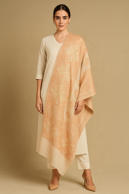 Luxury Pashmina Shawl with Aari Embroidery – Peach & Golden Elegance