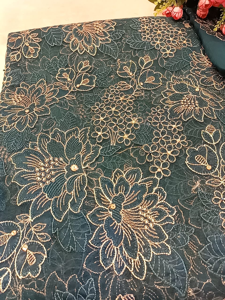 Teal Elegance: Laser-Cut Embroidered Shirt & Chiffon Dupatta Set