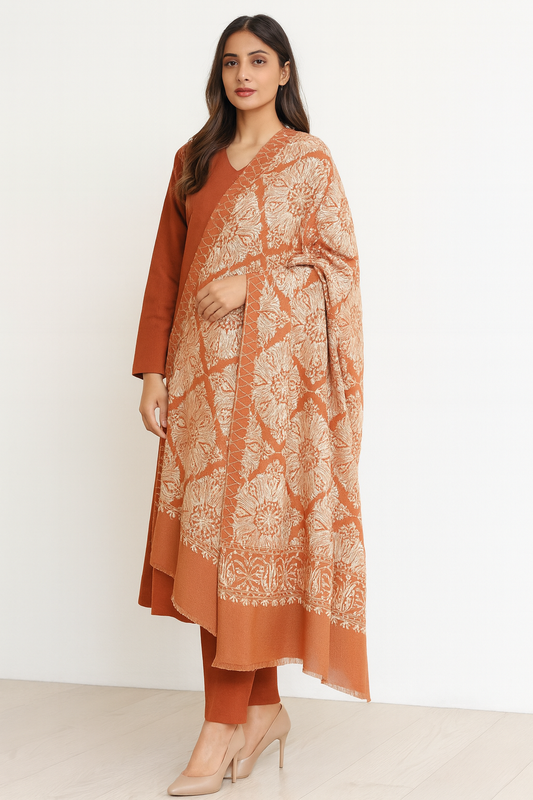 Luxury Rust & Cream Pashmina Shawl – Intricate Floral Weave