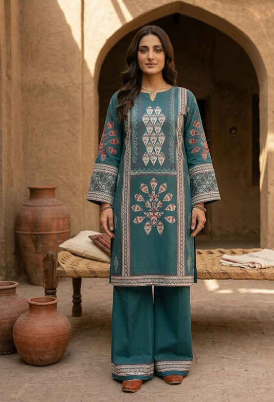 Pure Lawn Hand-Block Printed Ensemble with Embroidered Organza Dupatta