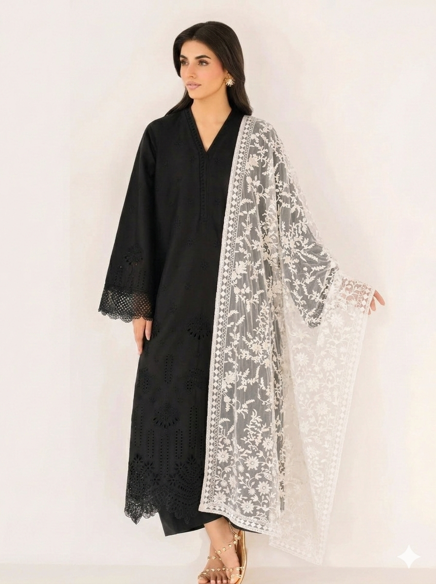 Timeless White Floral Chikankari-Style Chiffon Dupatta