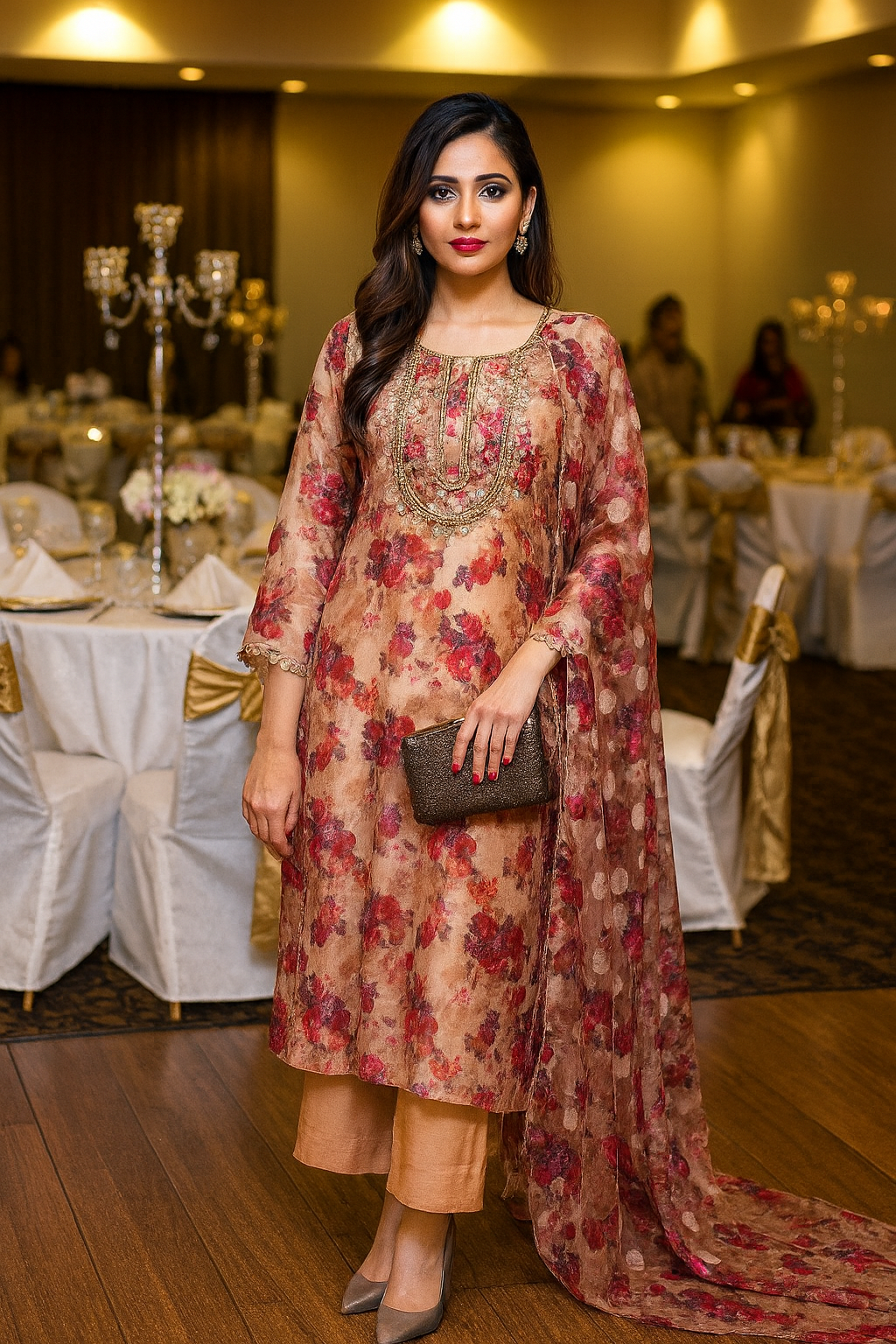 Floral embroidery gota hand embroidery neckline