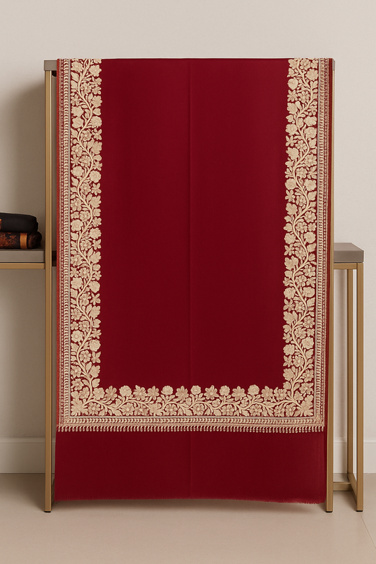 Maroon Pashmina Shawl with Golden Aari Embroidery Border