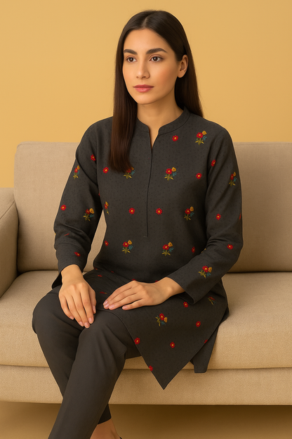 Chikankari Embroidered Lawn Unstitched Shirt Dark Grey Floral Motif