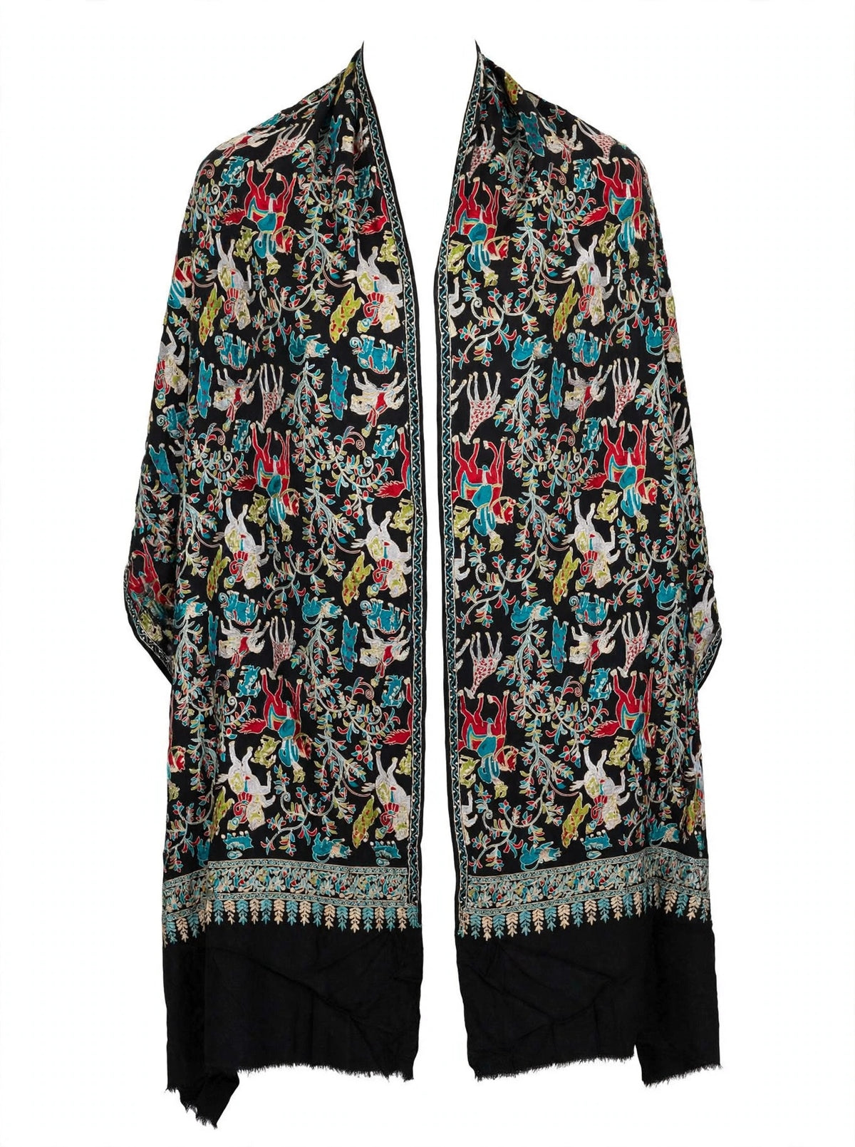 Black Shikargah Kani Pashmina Shawl  Multicolor Hunting Scene Embroidered Wool Shawl