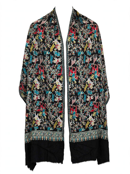 Black Shikargah Kani Pashmina Shawl  Multicolor Hunting Scene Embroidered Wool Shawl