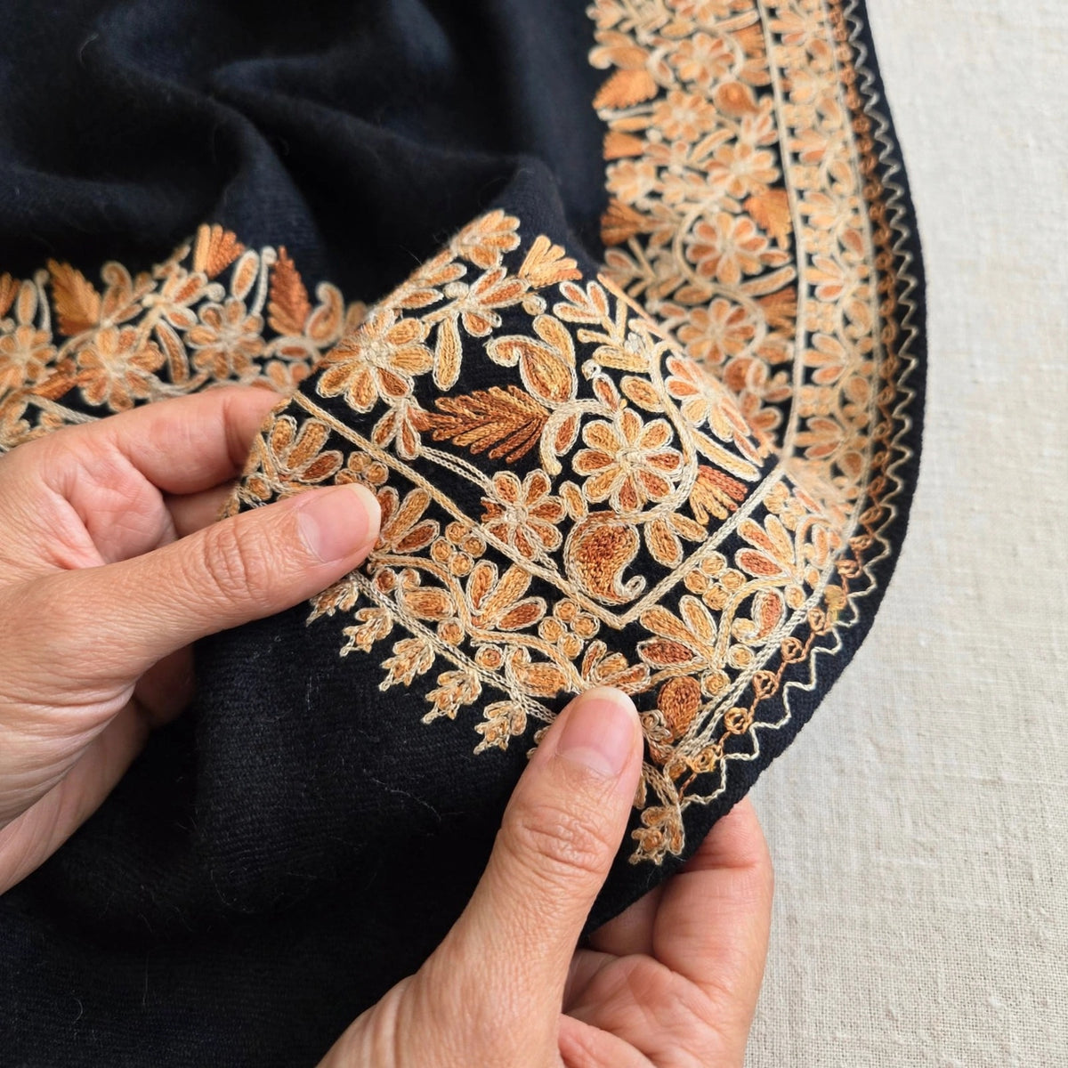 Midnight Navy Pure Pashmina Shawl with 4-Side Heavy Aari Embroidery Border - Beige Floral