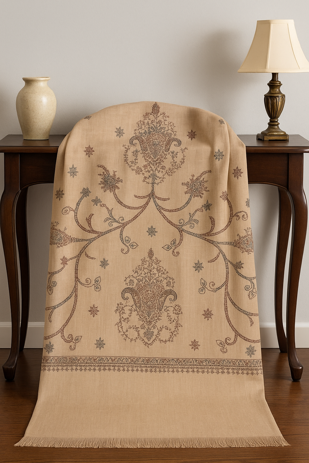 Kashmiri Hand-Embroidered Pashmina Shawl Beige with Paisley Motifs