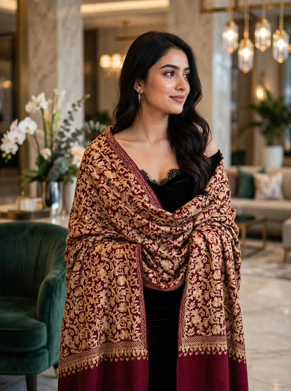 Maroon Pashmina Shawl Gold Aari Embroidery