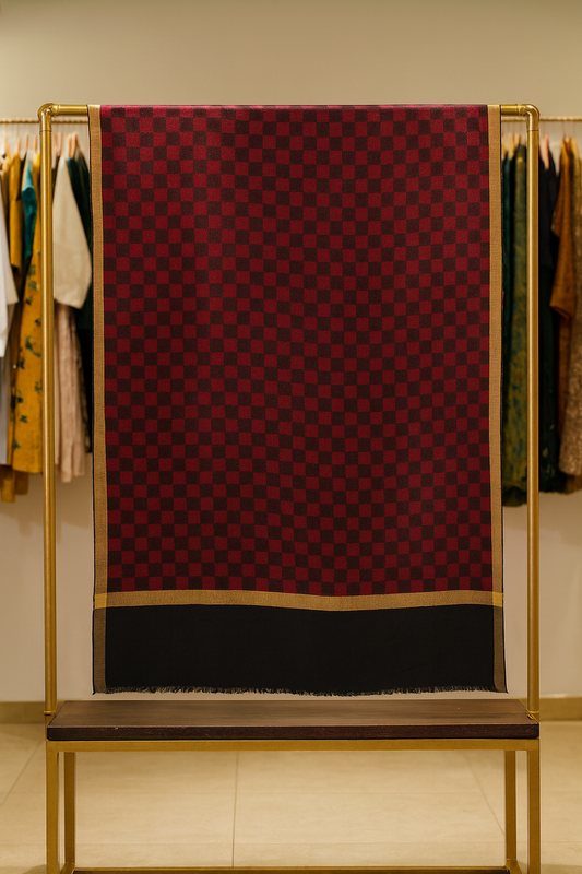 Maroon & Navy Blue Checkered Pashmina Shawl with Golden Border
