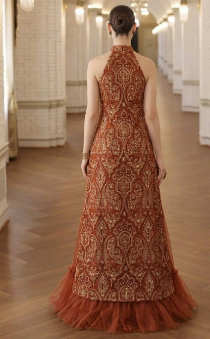 Rust Laser-Cut Applique Net Unstitched Suit