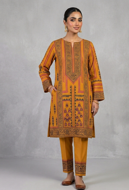 Mustard Hand-Block Printed Cotton Lawn – Unstitched 2-Piece Suit