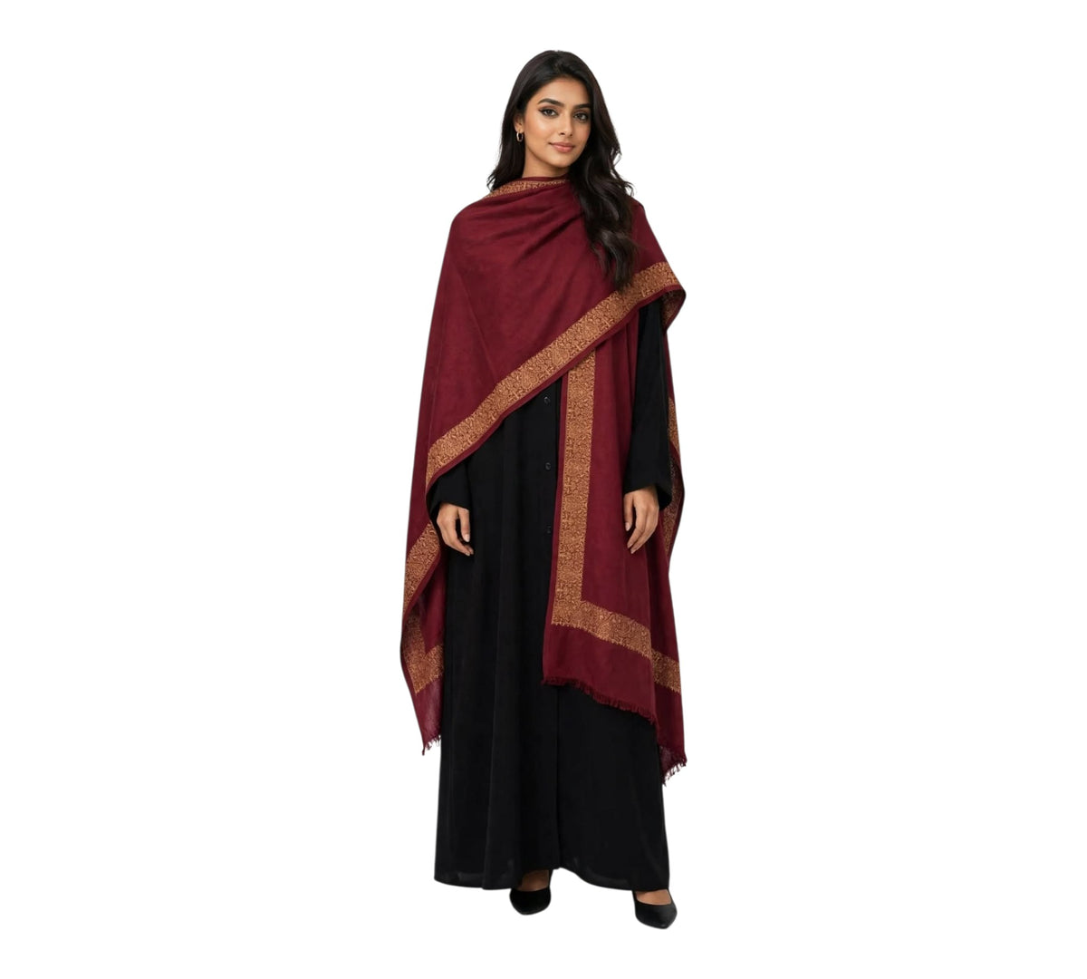 Maroon Gold Embroidered Pashmina Shawl - Luxury Wool Wrap