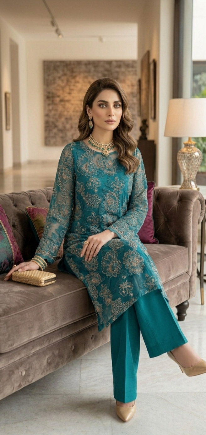 Teal Elegance: Laser-Cut Embroidered Shirt & Chiffon Dupatta Set