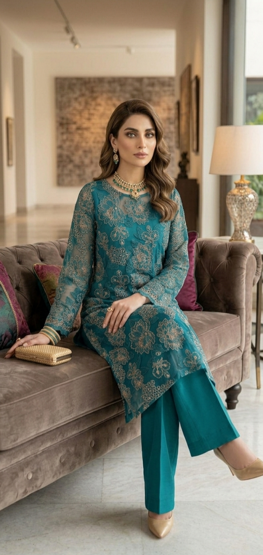 Teal Elegance: Laser-Cut Embroidered Shirt & Chiffon Dupatta Set