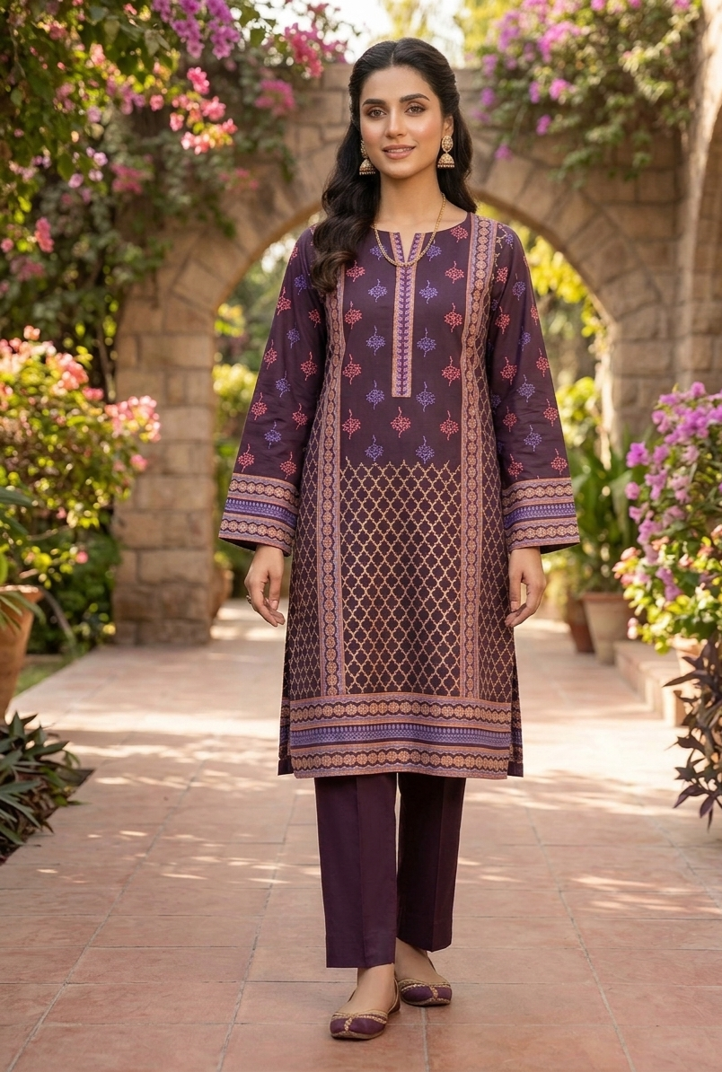 Imperial Plum: Hand-Block Printed 3-Piece Jacquard Ensemble