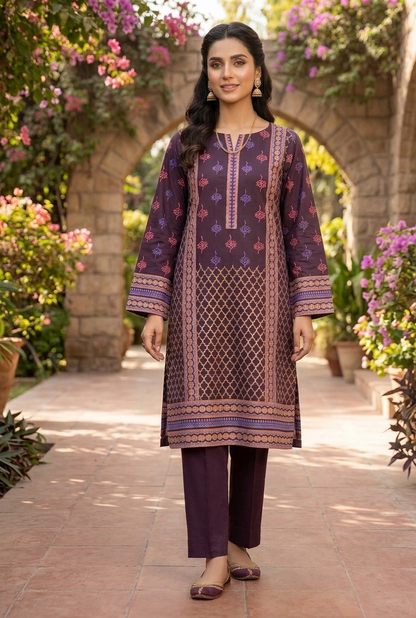 Imperial Plum: Hand-Block Printed 3-Piece Jacquard Ensemble