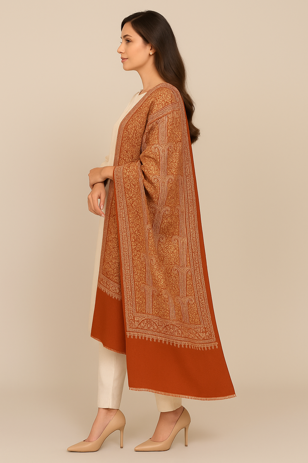Rust Orange Pashmina Shawl with Intricate Golden Aari Work