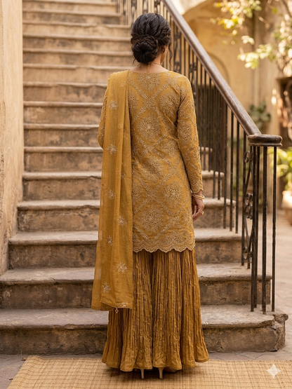 Mustard Laser-Cut Embroidered Bareeze Shirt with Chiffon Dupatta